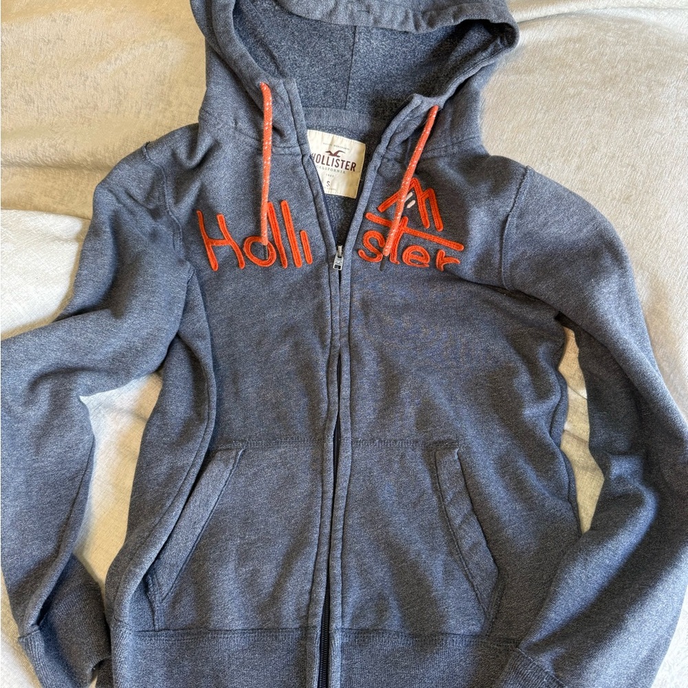 Hollister Charcoal Zip Up Hoodie with Bright Orange Details Sz S